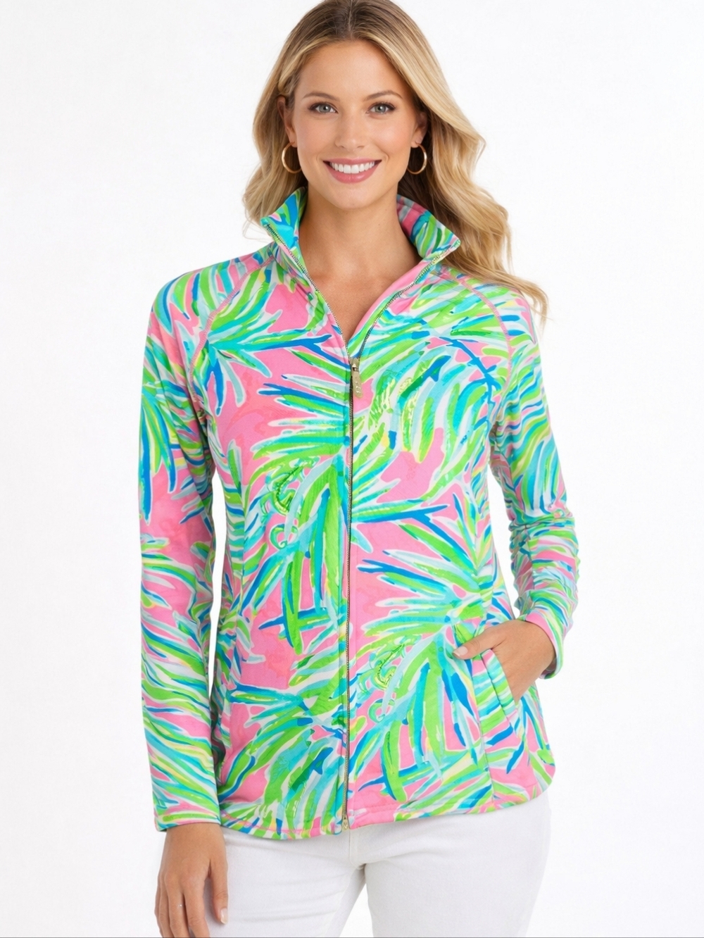 Lilly Pulitzer Luxletic Serena Zip Up Jacket UPF 50+ Pink Sunset Royal Lime, S